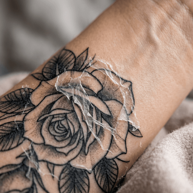 Macro shot showing tattoo healing stages: comparison of a fresh, scabbing, and fully healed tattoo.