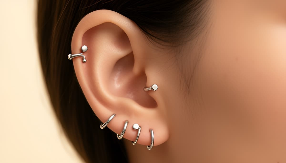 Kulak memesi, helix ve tragus piercing'lerinde titanyum takılar (temsilî görsel, yapay zekâ ile üretildi)