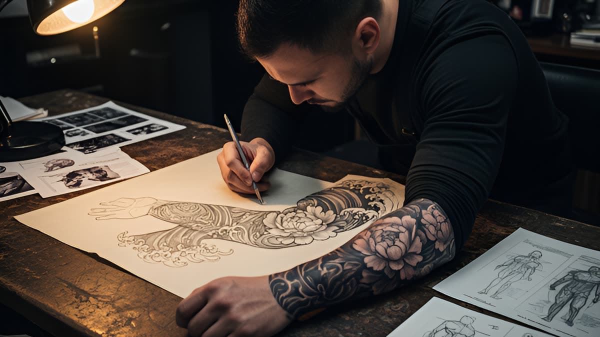 Dövme sanatçısı masada kâğıda Japon dalgaları ve şakayıklı bir sleeve tasarımı çiziyor, kolunda yarım kalmış siyah-gri sleeve var