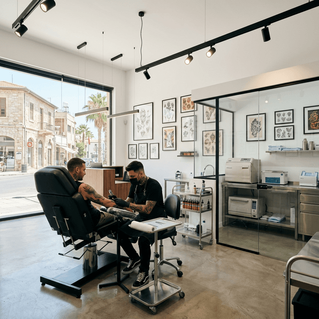 Interior view of a modern and hygienic North Cyprus tattoo studio, professional equipment, and sterilized workspace.