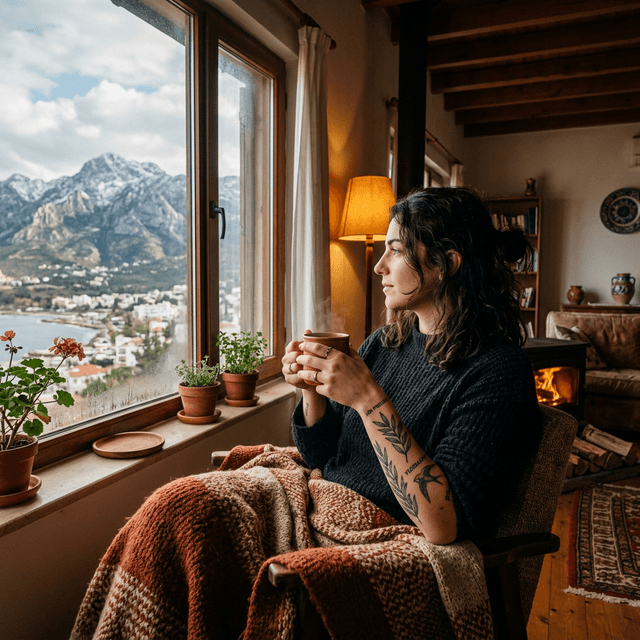 A client getting a tattoo in the warm environment of a studio during winter, and the artist's focused work.